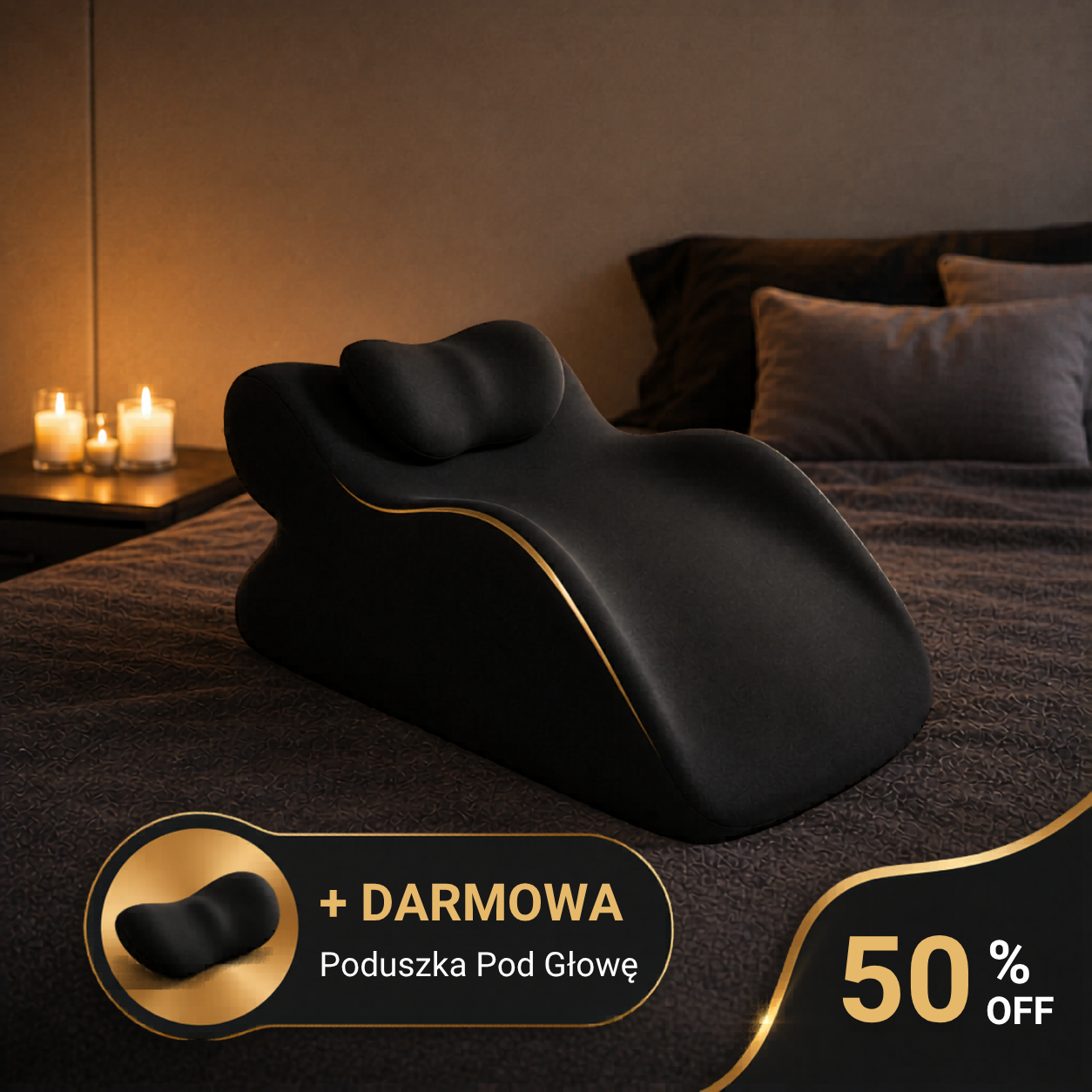 BedBuddy™ czarna ergonomiczna poduszka intymna na łóżku — w zestawie darmowa poduszka pod głowę